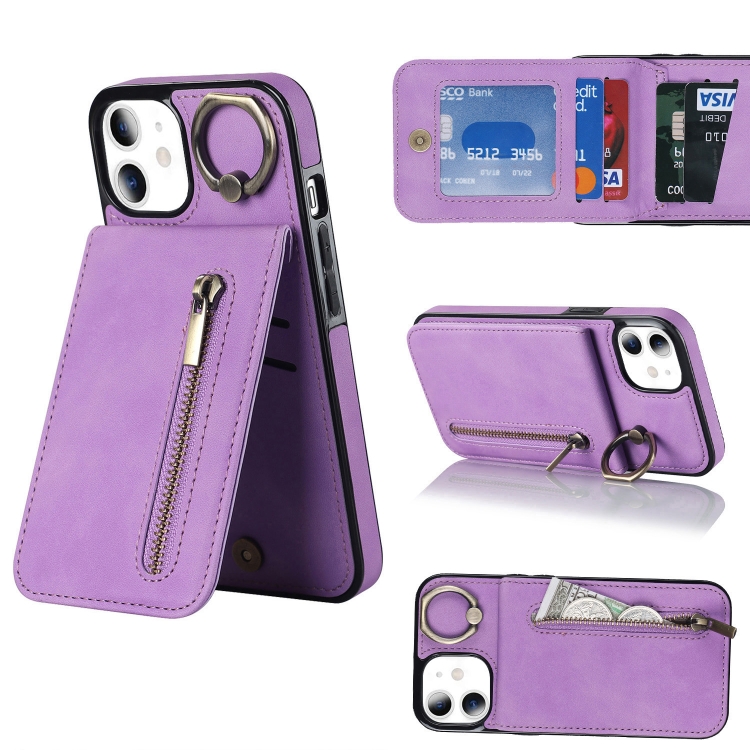 

For iPhone 11 Retro Ring and Zipper RFID Card Slot Phone Case(Purple)