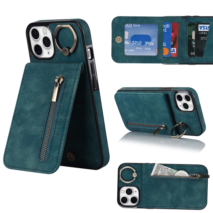 

For iPhone 11 Pro Retro Ring and Zipper RFID Card Slot Phone Case(Blue)