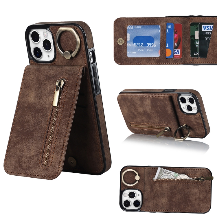 

For iPhone 11 Pro Retro Ring and Zipper RFID Card Slot Phone Case(Brown)
