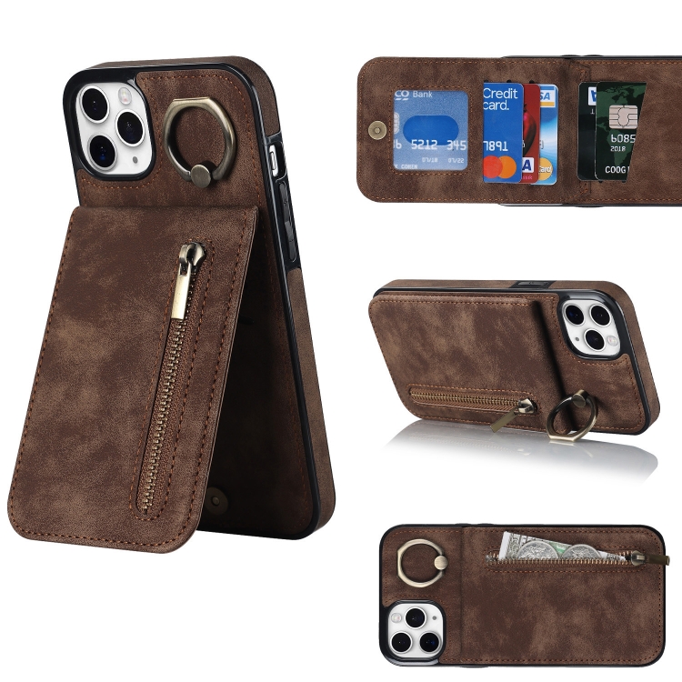 

For iPhone 11 Pro Max Retro Ring and Zipper RFID Card Slot Phone Case(Brown)