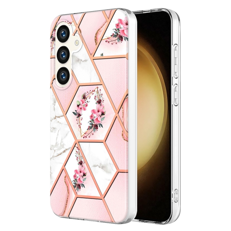 

For Samsung Galaxy S24+ 5G Splicing Marble Flower IMD TPU Phone Case(Pink Flower)