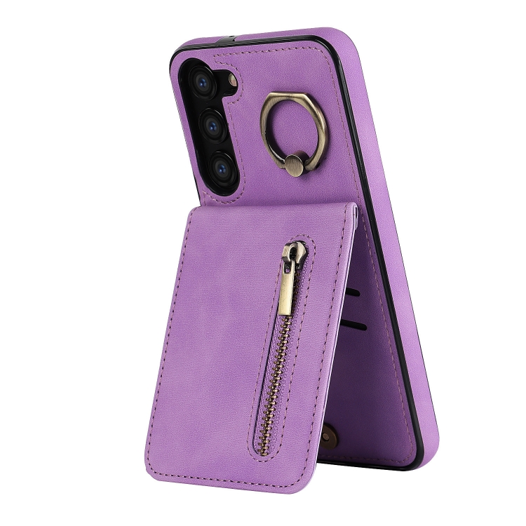 

For Samsung Galaxy S23+ 5G Retro Ring and Zipper RFID Card Slot Phone Case(Purple)