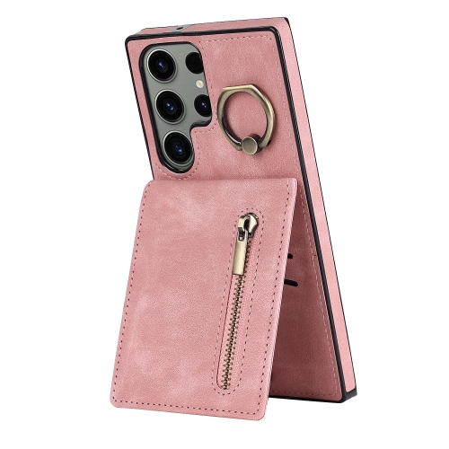 

For Samsung Galaxy S23 Ultra 5G Retro Ring and Zipper RFID Card Slot Phone Case(Pink)