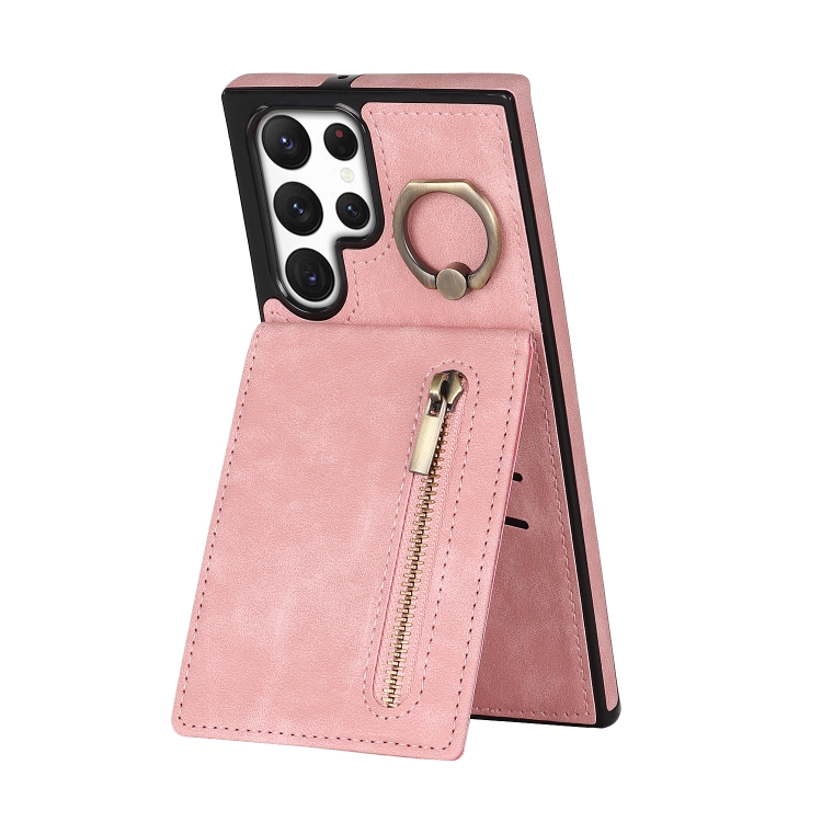 

For Samsung Galaxy S22 Ultra 5G Retro Ring and Zipper RFID Card Slot Phone Case(Pink)