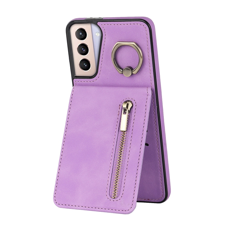 

For Samsung Galaxy S21 5G Retro Ring and Zipper RFID Card Slot Phone Case(Purple)
