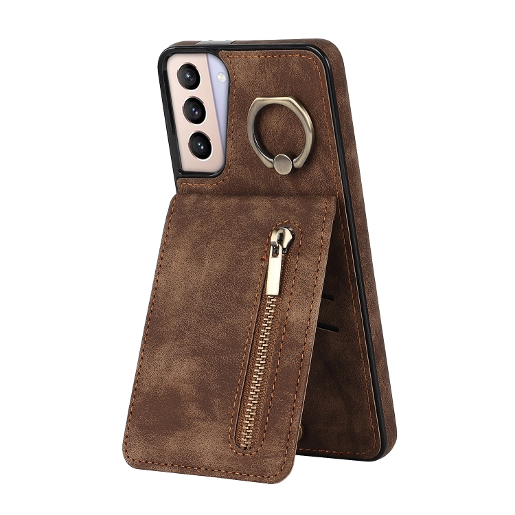 

For Samsung Galaxy S21+ 5G Retro Ring and Zipper RFID Card Slot Phone Case(Brown)