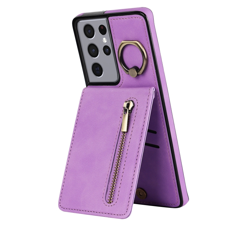 

For Samsung Galaxy S21 Ultra 5G Retro Ring and Zipper RFID Card Slot Phone Case(Purple)