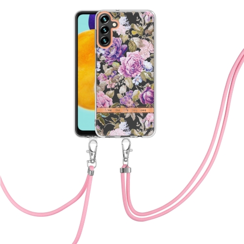 

For Samsung Galaxy A34 5G Flowers and Plants Series IMD TPU Phone Case with Lanyard(Purple Peony)