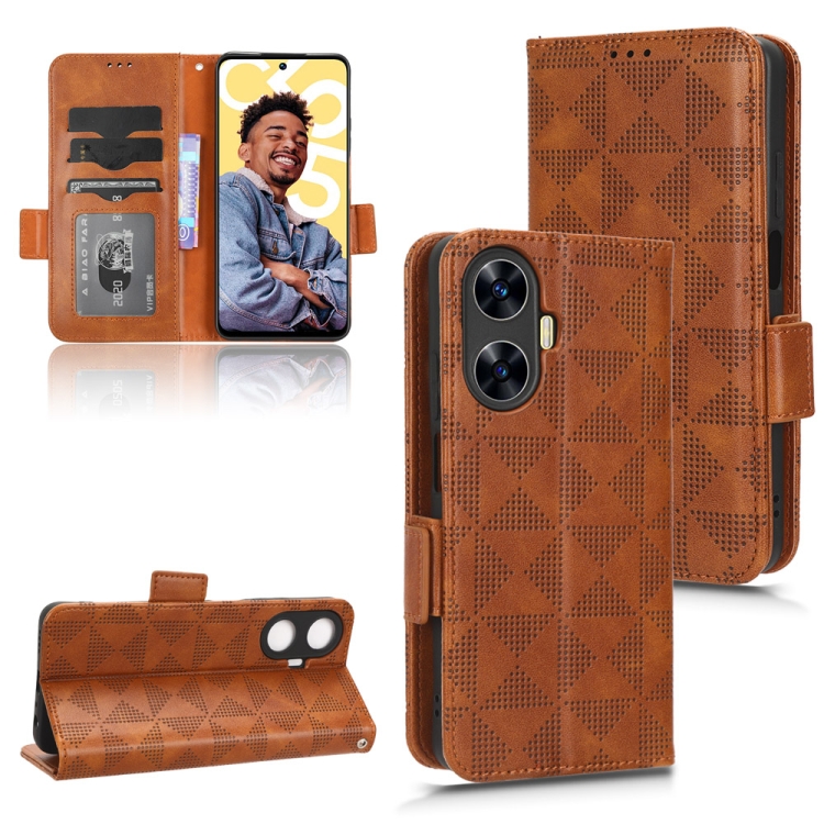 

For Realme C55 4G Symmetrical Triangle Leather Phone Case(Brown)