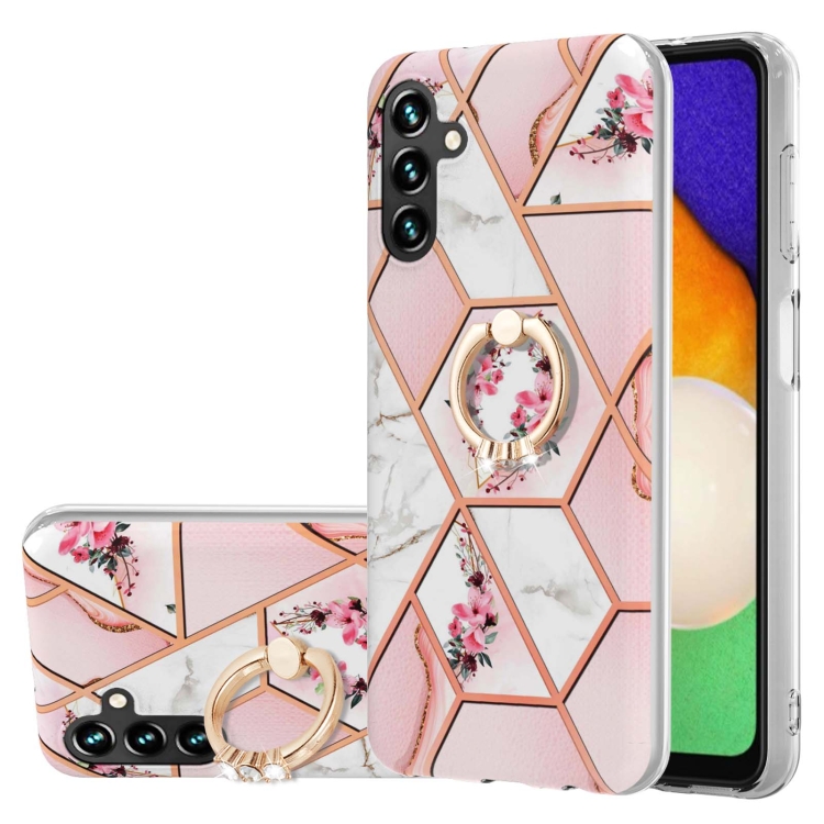 

For Samsung Galaxy A34 5G Splicing Marble Flower IMD TPU Phone Case with Ring Holder(Pink Flower)