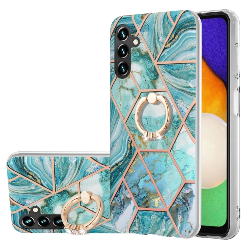

For Samsung Galaxy A54 5G Splicing Marble Flower IMD TPU Phone Case Ring Holder(Blue)