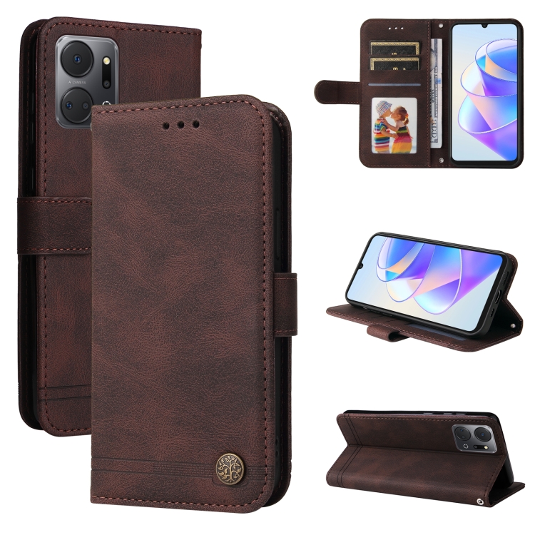 

For Honor X7a Skin Feel Life Tree Metal Button Leather Phone Case(Brown)