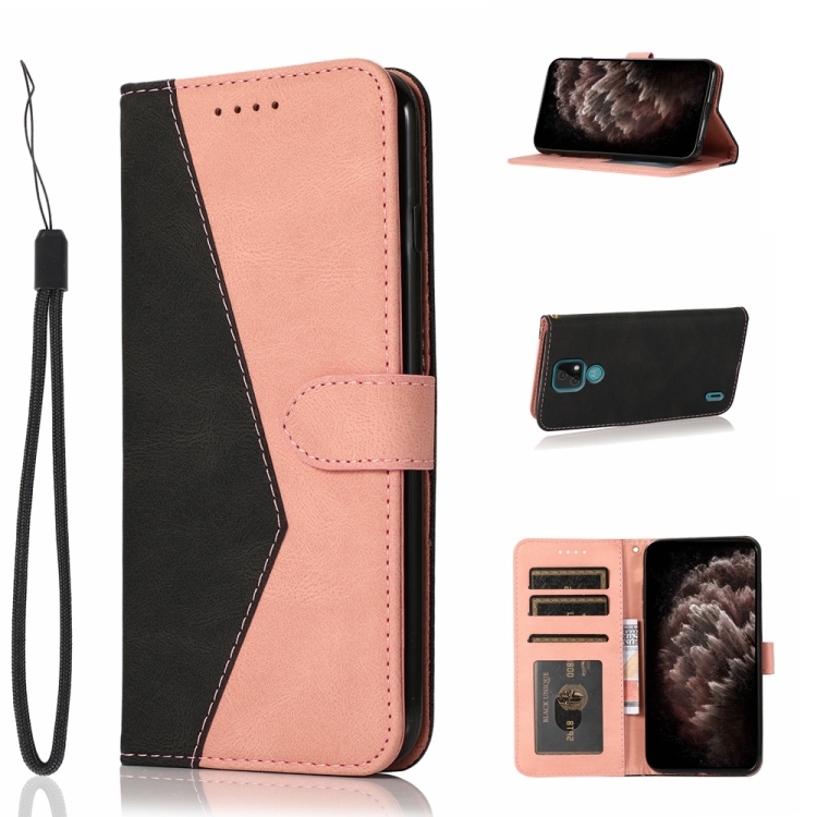 

For Motorola Moto E7 Dual-color Stitching Leather Phone Case(Black Rose Gold)