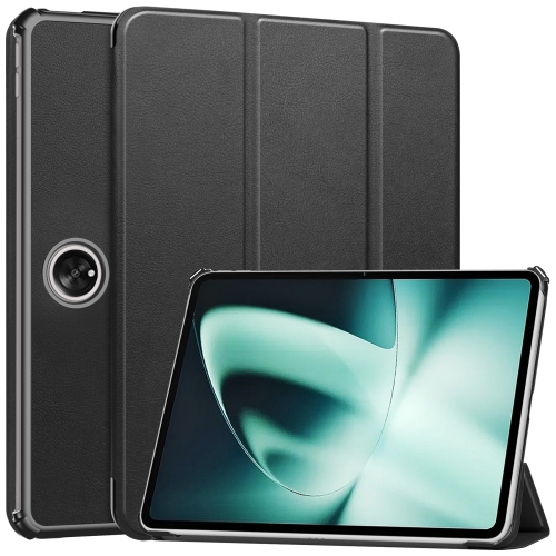 

For OnePlus Pad Custer Pure Color 3-Fold Holder Smart Leather Tablet Case(Black)