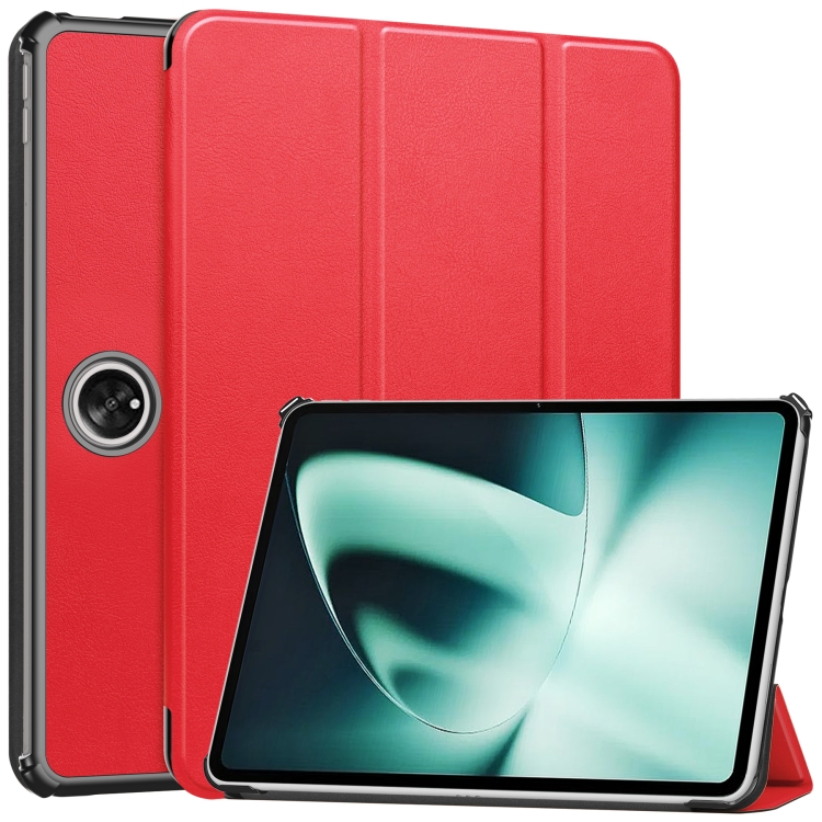 

For OnePlus Pad Custer Pure Color 3-Fold Holder Smart Leather Tablet Case(Red)