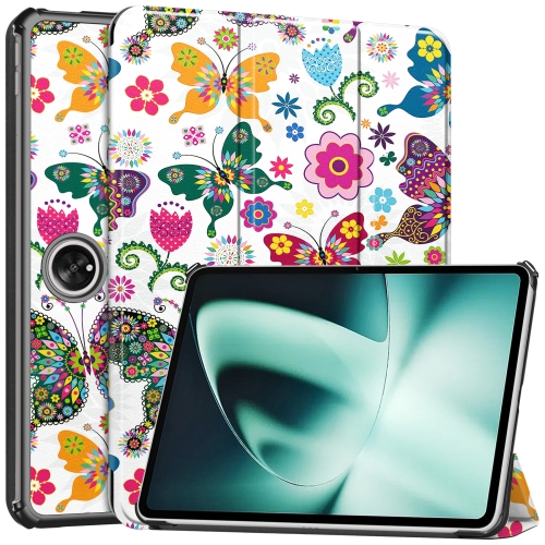 

For OnePlus Pad Custer Painted 3-Fold Holder Smart Leather Tablet Case(Colorful Butterflies)