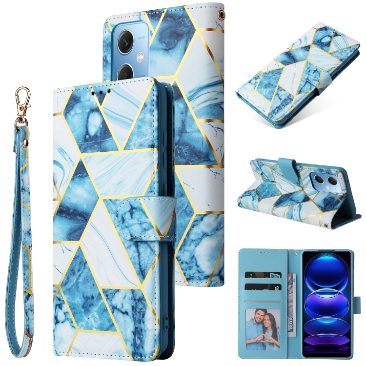 

For Xiaomi Redmi Note 12 5G Global India / Poco X5 Marble Bronzing Stitching Leather Phone Case(Blue)