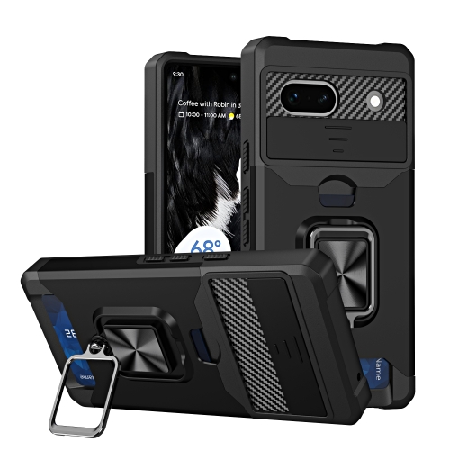 

For Google Pixel 7a Camera Shield Card Slot Phone Case with Ring Holder(Black)