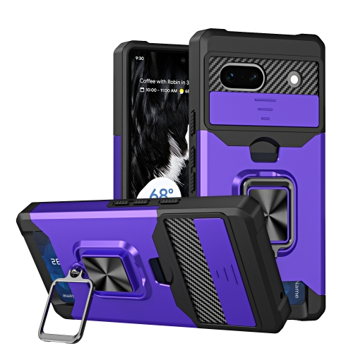 

For Google Pixel 7a Camera Shield Card Slot Phone Case with Ring Holder(Purple)