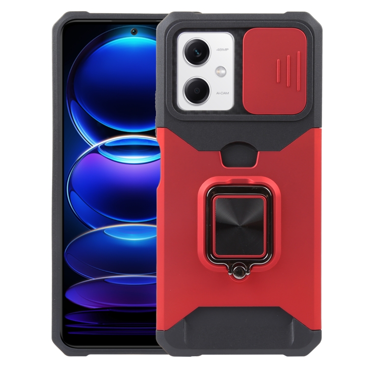 

For Xiaomi Redmi Note 12 5G / Poco X5 Camera Shield Card Slot Phone Case with Ring Holder(Red)