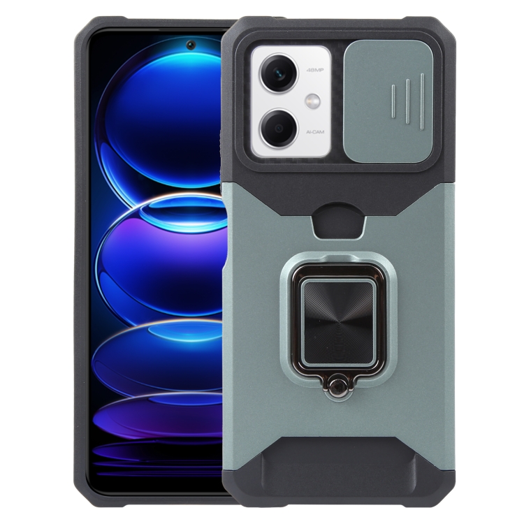 

For Xiaomi Redmi Note 12 5G / Poco X5 Camera Shield Card Slot Phone Case with Ring Holder(Dark Green)