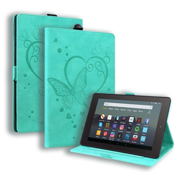 

For Amazon Kindle Fire 7 2022 Love Butterfly Pattern Leather Tablet Case with Holder & Sleep(Green)