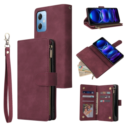 

For Xiaomi Redmi Note 12 5G Global India / Poco X5 Multifunctional Multi-Card Wallet Phone Leather Case(Wine Red)