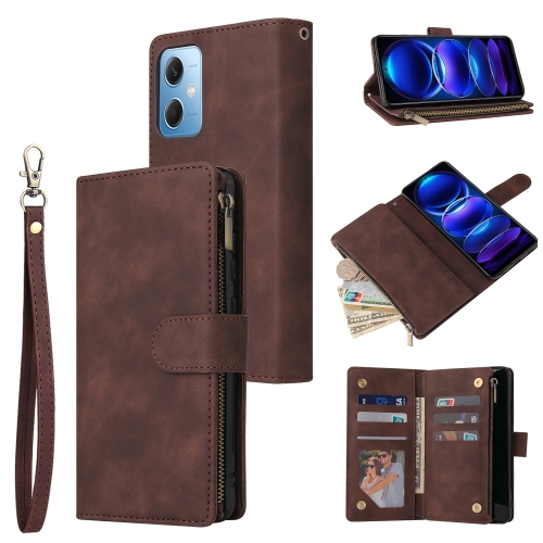 

For Xiaomi Redmi Note 12 5G Global India / Poco X5 Multifunctional Multi-Card Wallet Phone Leather Case(Coffee)