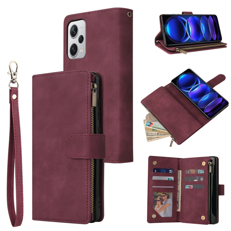 

For Xiaomi Redmi Note 12 Pro+ 5G Global India / Note 12 Explorer Multifunctional Multi-Card Wallet Phone Leather Case(Wine Red)