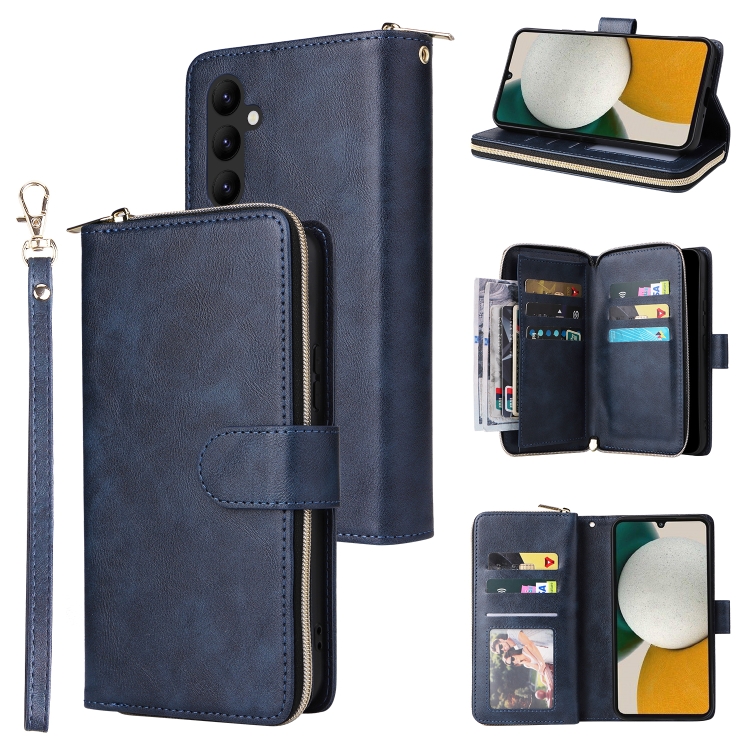 

For Samsung Galaxy A34 9 Card Slots Zipper Wallet Bag Leather Phone Case(Blue)