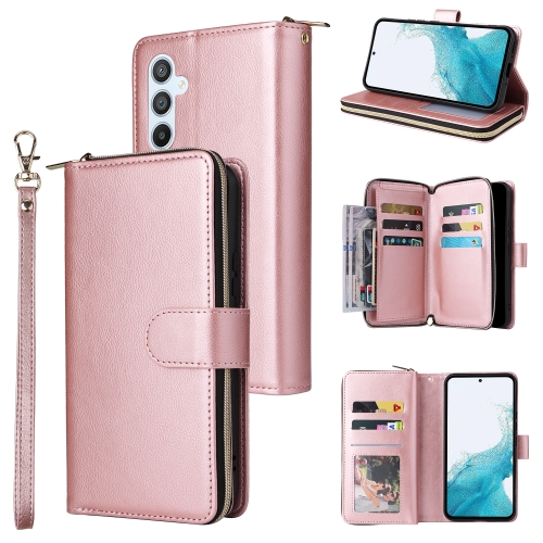 

For Samsung Galaxy A54 9 Card Slots Zipper Wallet Bag Leather Phone Case(Rose Gold)