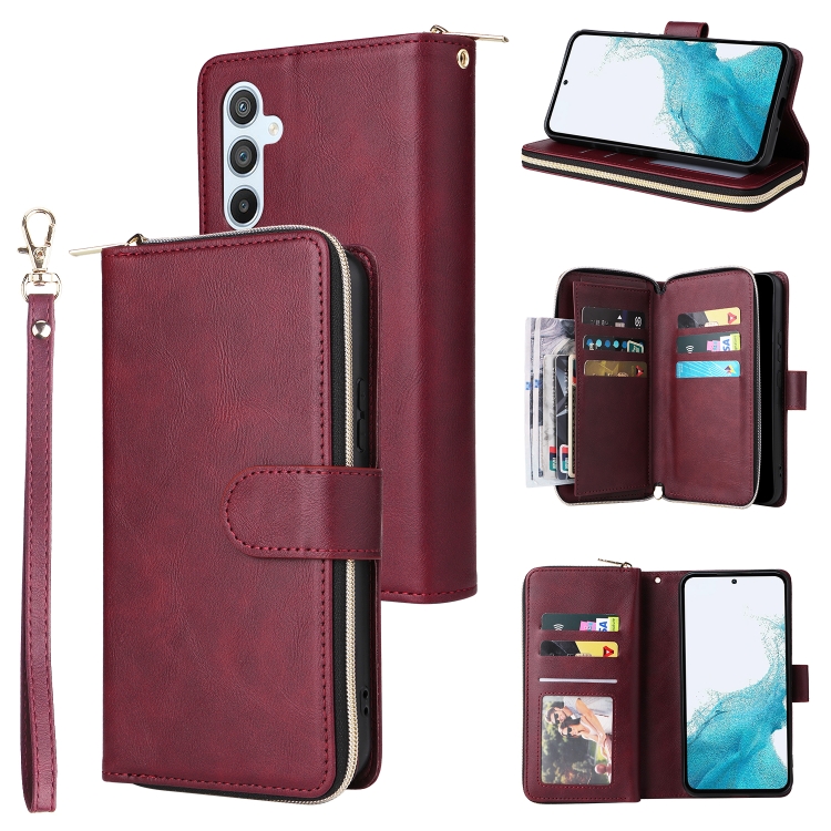 

For Samsung Galaxy A54 9 Card Slots Zipper Wallet Bag Leather Phone Case(Wine Red)