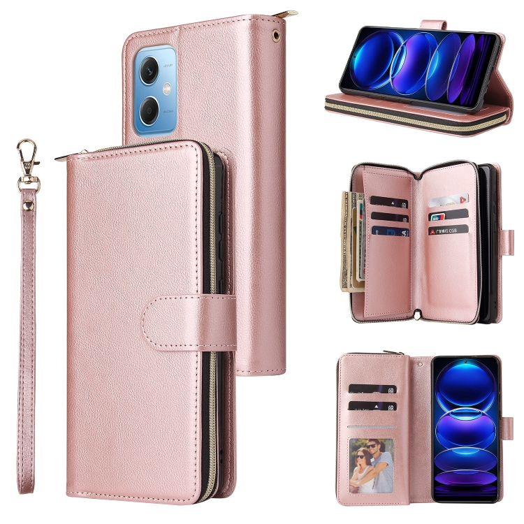 

For Xiaomi Redmi Note 12 5G Global / Poco X5 9 Card Slots Zipper Wallet Bag Leather Phone Case(Rose Gold)