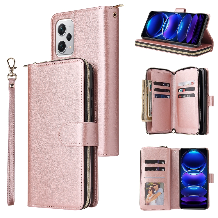 

For Xiaomi Redmi Note 12 Explorer / Note 12 Pro+ Global 9 Card Slots Zipper Wallet Bag Leather Phone Case(Rose Gold)