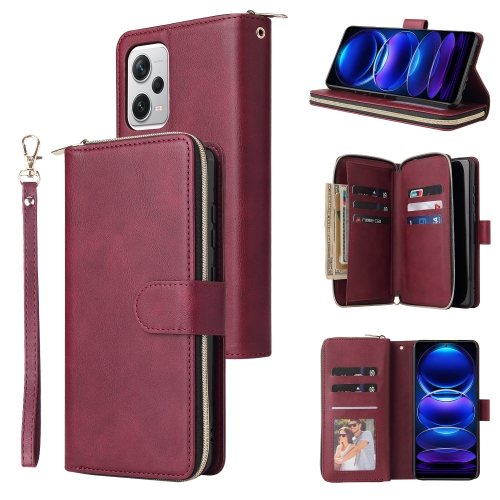 

For Xiaomi Redmi Note 12 Explorer / Note 12 Pro+ Global 9 Card Slots Zipper Wallet Bag Leather Phone Case(Wine Red)