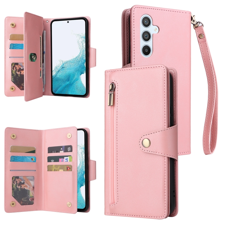

For Samsung Galaxy A54 Rivet Buckle 9 Cards Three Fold Leather Phone Case(Rose Gold)