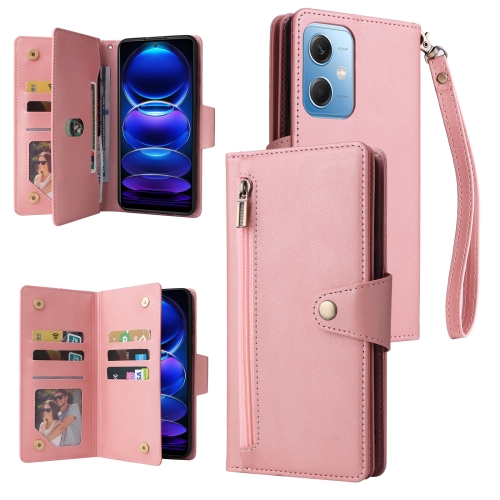 

For Xiaomi Redmi Note 12 5G Global / Poco X5 Rivet Buckle 9 Cards Three Fold Leather Phone Case(Rose Gold)