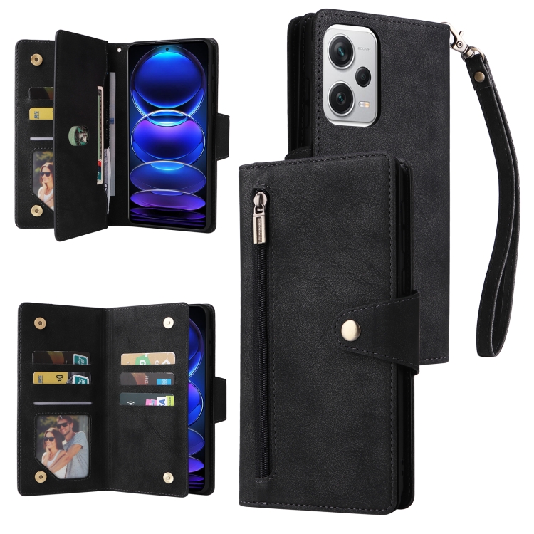

For Xiaomi Redmi Note 12 Explorer / Note 12 Pro+ Global Rivet Buckle 9 Cards Three Fold Leather Phone Case(Black)