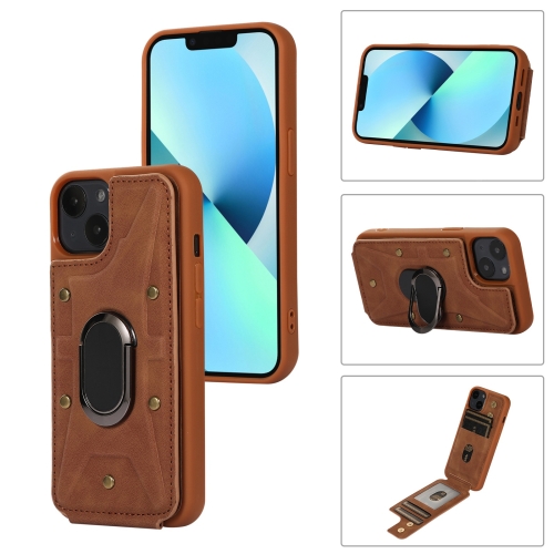 

For iPhone 14 Plus Armor Ring Wallet Back Cover Phone Case(Brown)