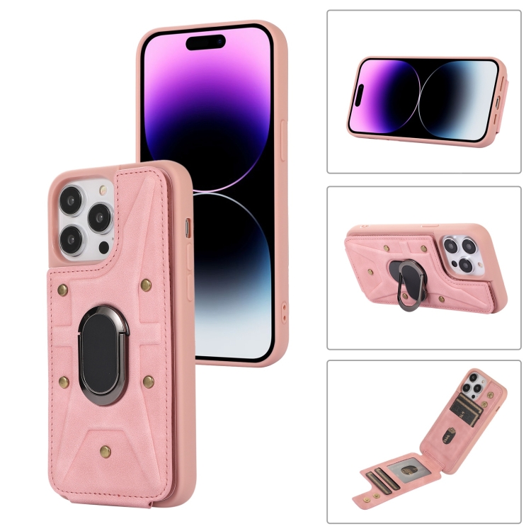 

For iPhone 14 Pro Max Armor Ring Wallet Back Cover Phone Case(Pink)