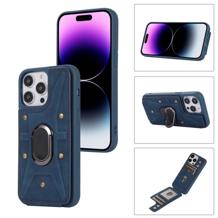 

For iPhone 14 Pro Max Armor Ring Wallet Back Cover Phone Case(Blue)