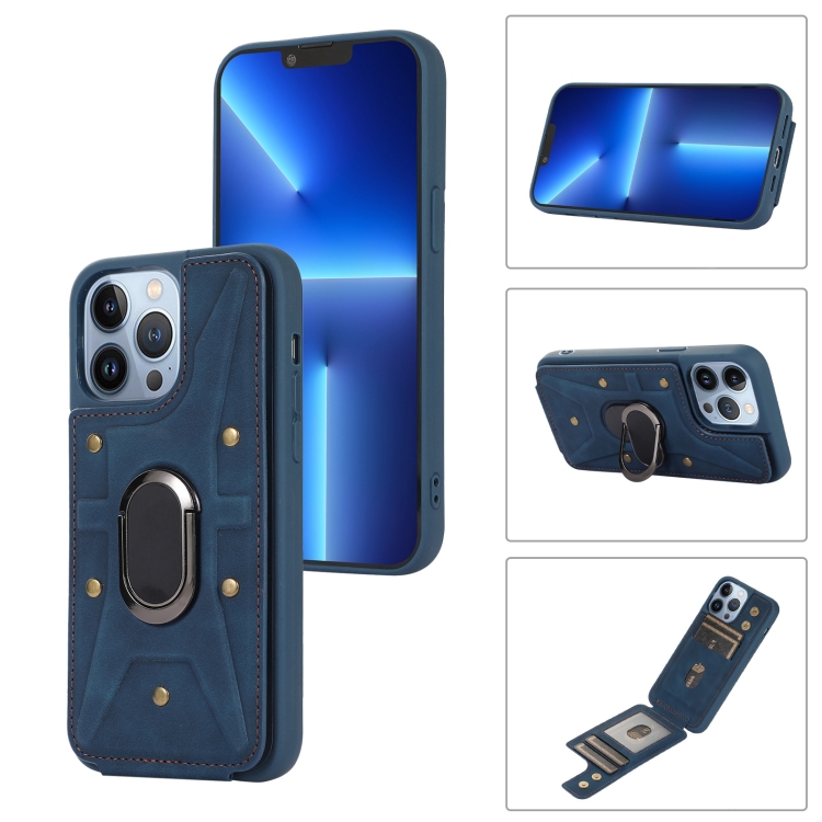

For iPhone 13 Pro Armor Ring Wallet Back Cover Phone Case(Blue)