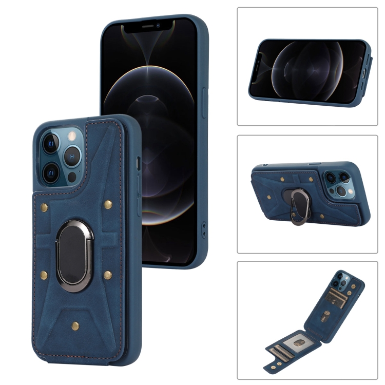 

For iPhone 11 Pro Armor Ring Wallet Back Cover Phone Case(Blue)