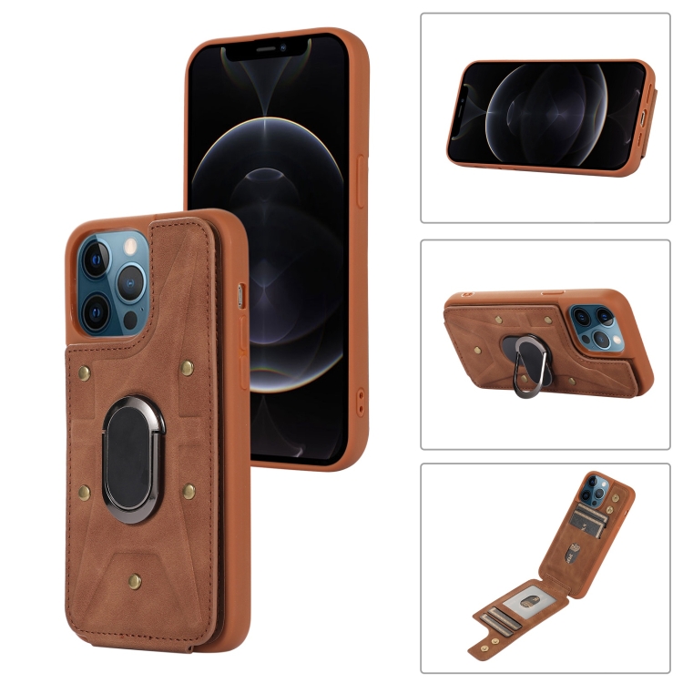 

For iPhone 11 Pro Armor Ring Wallet Back Cover Phone Case(Brown)