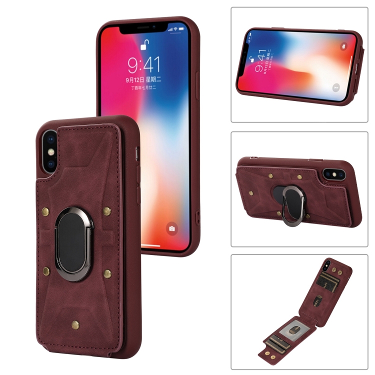 

For iPhone X / XS Armor Ring Wallet Back Cover Phone Case(Wine Red)