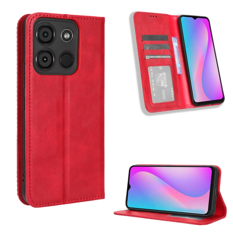 

For Itel A60 Magnetic Buckle Retro Texture Leather Phone Case(Red)