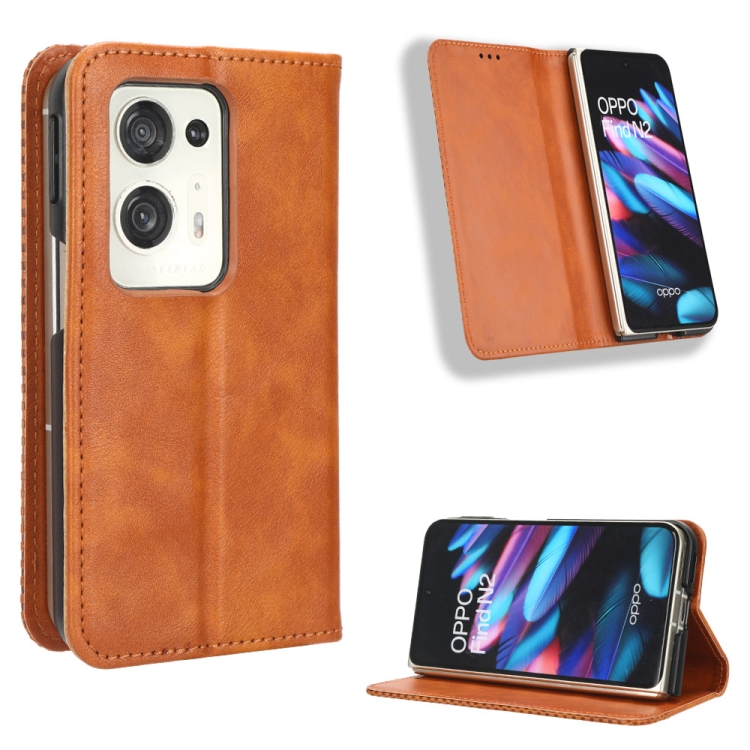 

For OPPO Find N2 Magnetic Buckle Retro Texture Leather Phone Case(Brown)