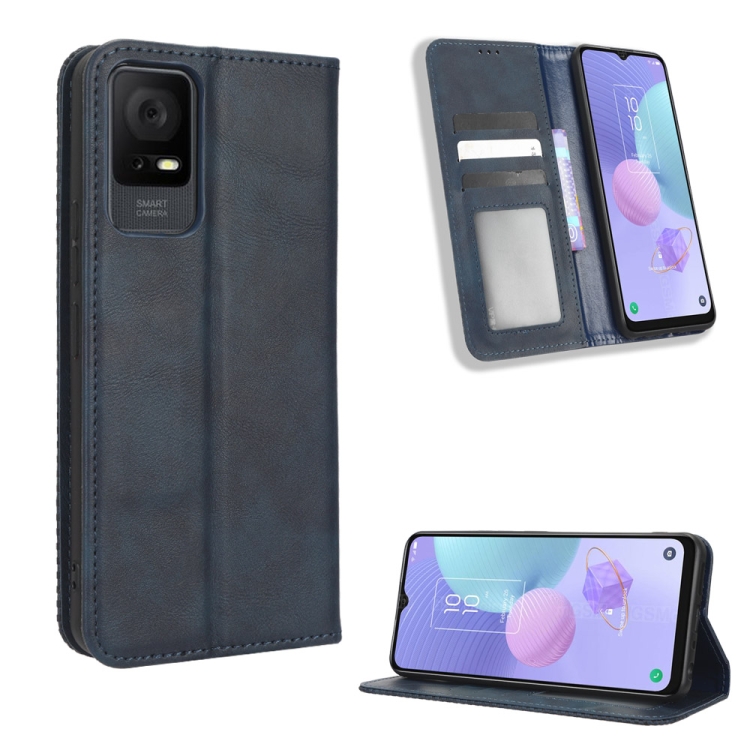 

For TCL 408 Magnetic Buckle Retro Texture Leather Phone Case(Blue)