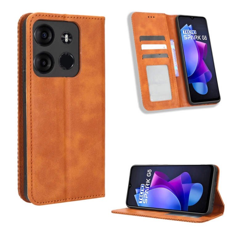 

For Tecno Spark Go 2023 Magnetic Buckle Retro Texture Leather Phone Case(Brown)