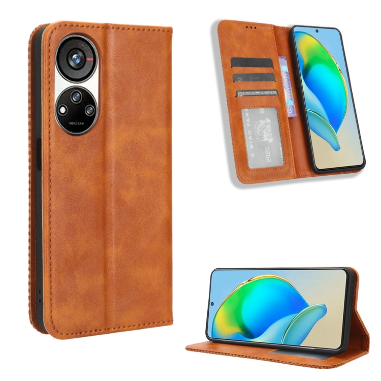 

For ZTE Blade V40s Magnetic Buckle Retro Texture Leather Phone Case(Brown)